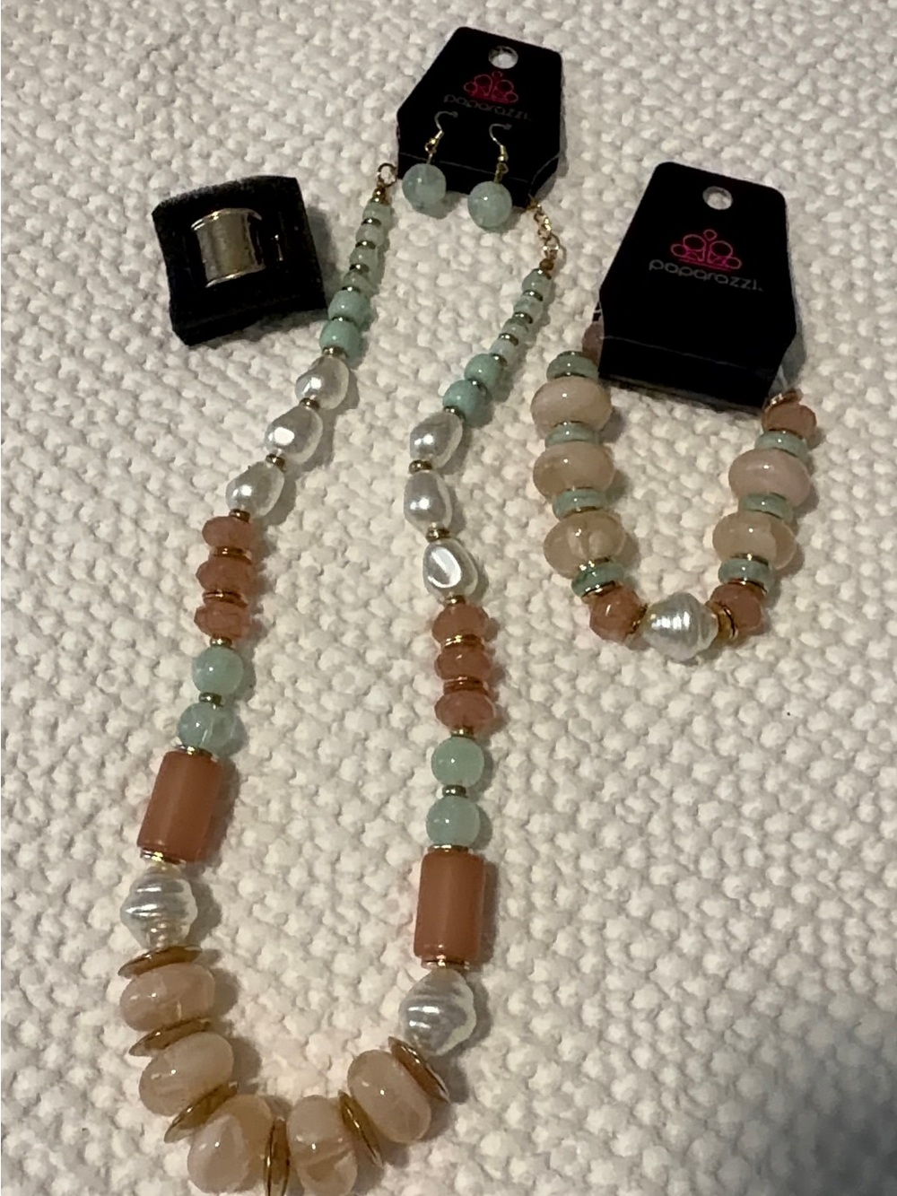 paparazzi Mint and Peach Beaded Necklace Set with Gold Accents